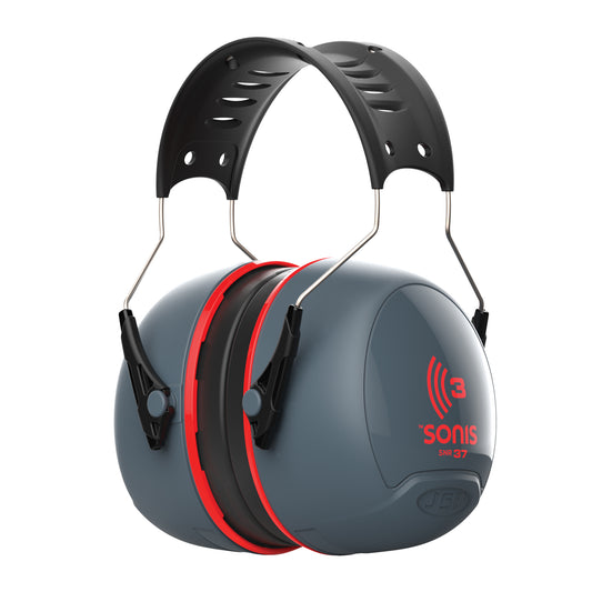 Orejeras Sonis®3 con diadema sobremoldeada copa gris oscuro/rojo brillante (SNR 37)